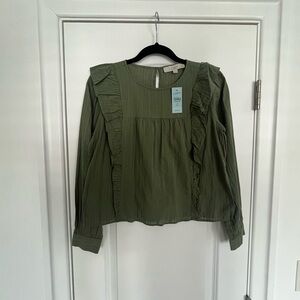 NEW Loft Petite XS Women's Green Ruffle Peasant Boho Blouse Top